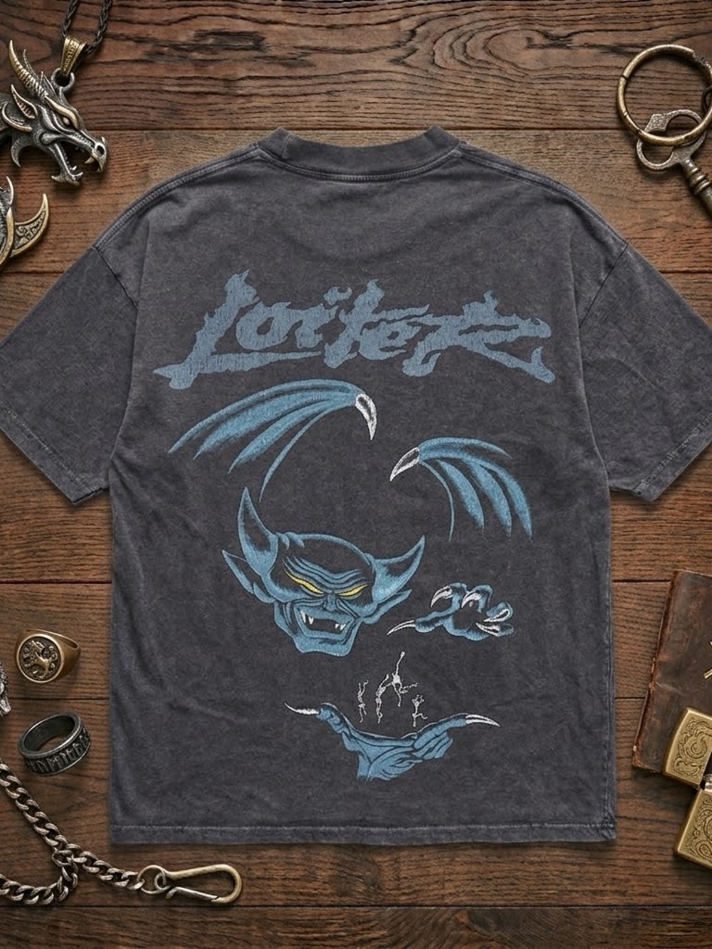 Loiter Mens Black Graphic XS Streetwear T Shirt Black Blue Chernobyl Gargoyle